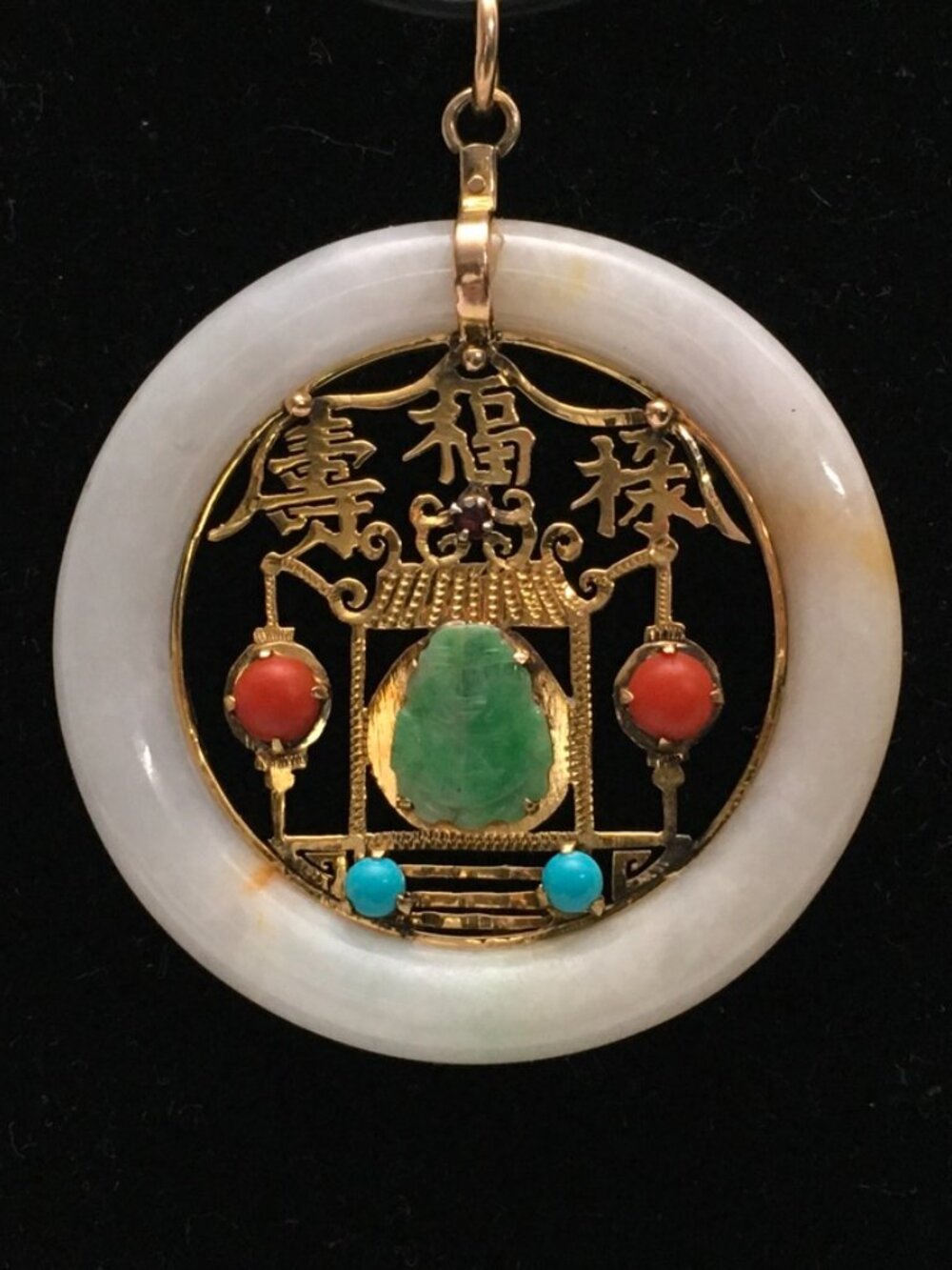 VINTAGE NATURAL WHITE JADEITE RED CAROL TURQUOISE RUBY 14K YELLOW GOLD PENDANT